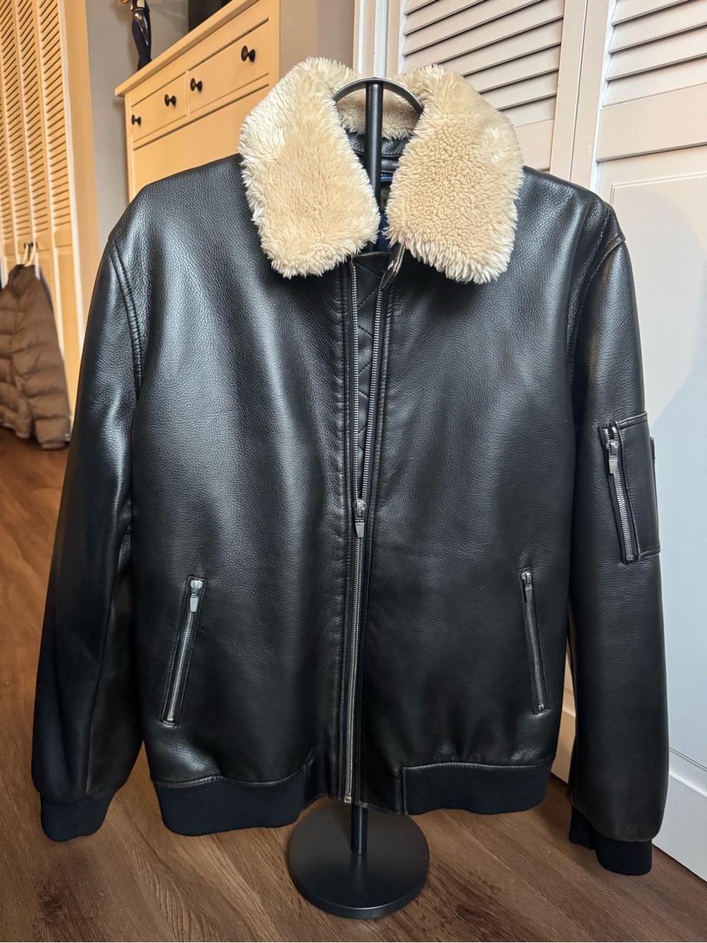 Zara Black Leather Bomber Jacket with Cream Shearling Collar